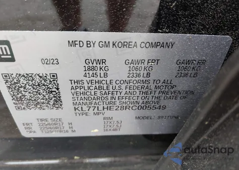 2024 Chevrolet Trax Fwd Lt из США, поврежденный, VIN KL77LHE28RC005549